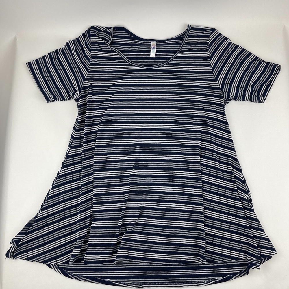 Lularoe Shirt Womens Large Blue Gray White Striped Short Sleeve Round Neck